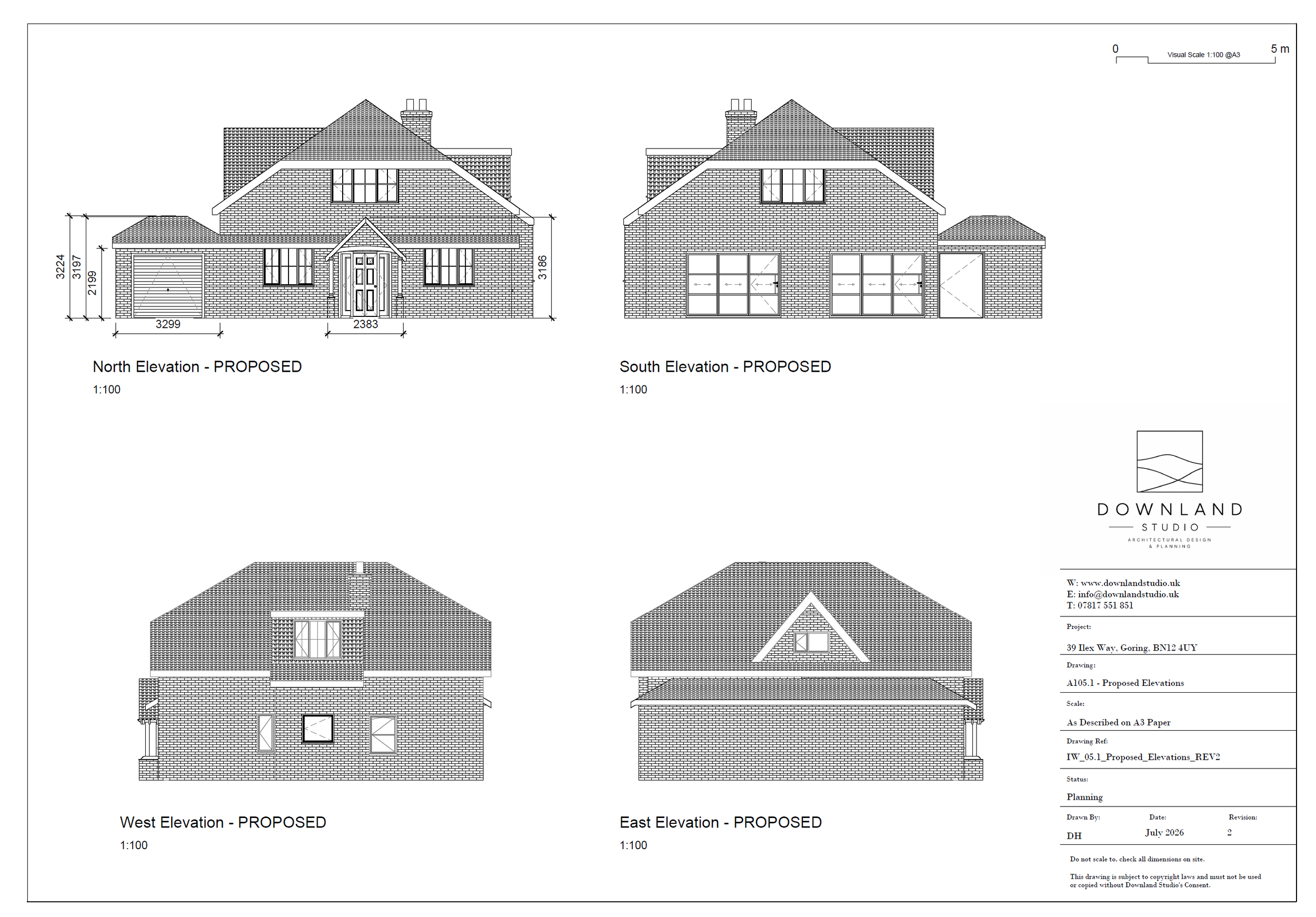 Architectural blueprint of a two-story brick house showing north, south, east, and west elevation views with measurements, scale, and project information.