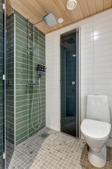 Ein Badezimmer mit einem Duschbereich mit grünen Wandfliesen, einer Trittfliese am Boden, einer Toilette und einer schmalen Duschkabine. Die Decke ist aus Holz, und es gibt eine Dusche mit Regendusche. Es gibt auch eine Duschablage mit Pflegeprodukten.