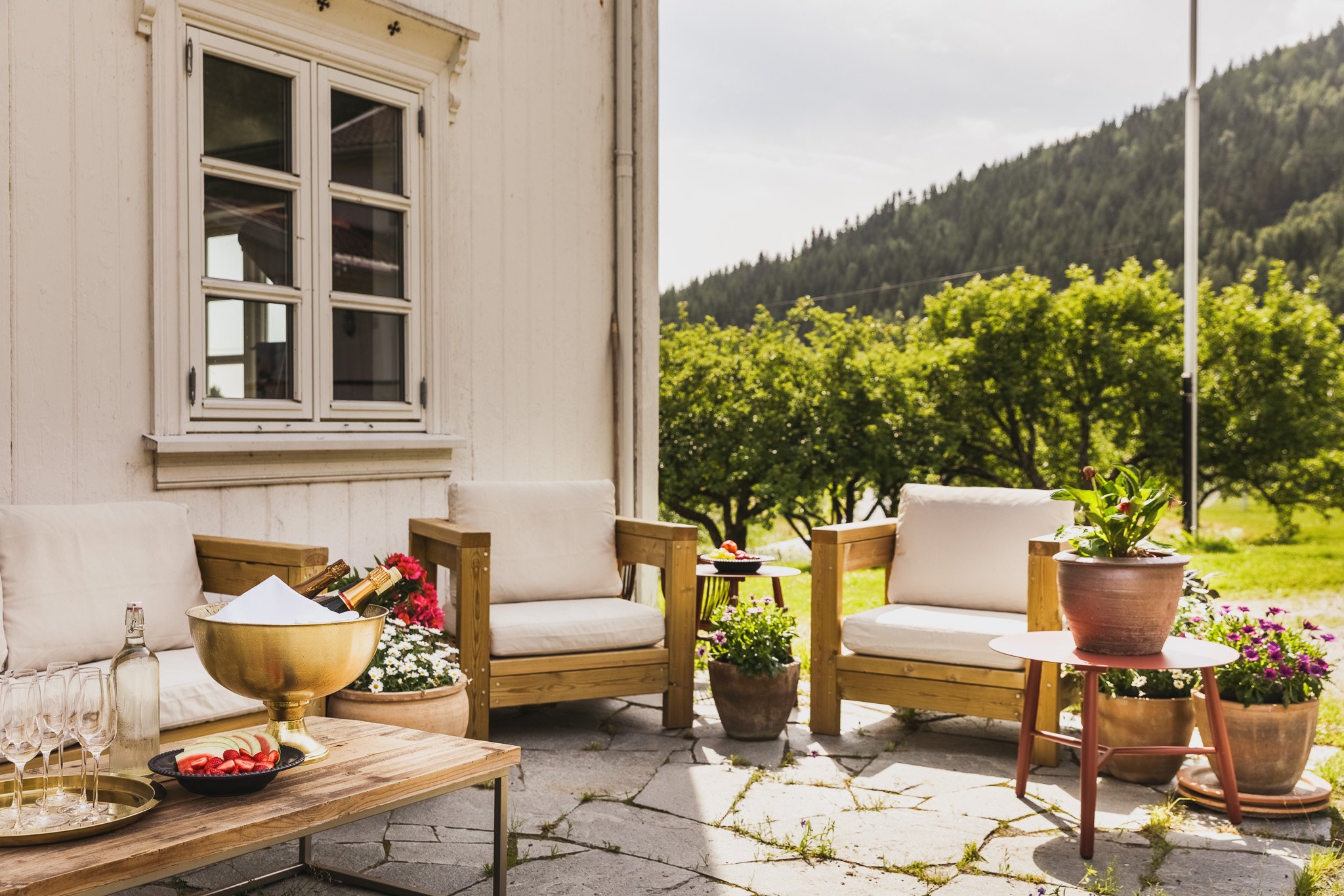 Outdoor patio with wooden seating, potted plants, and a table with strawberries and champagne bottles, overlooking trees and mountains.