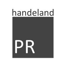 A logo with the word 'handeland' above a dark gray square containing the white letters 'PR'.