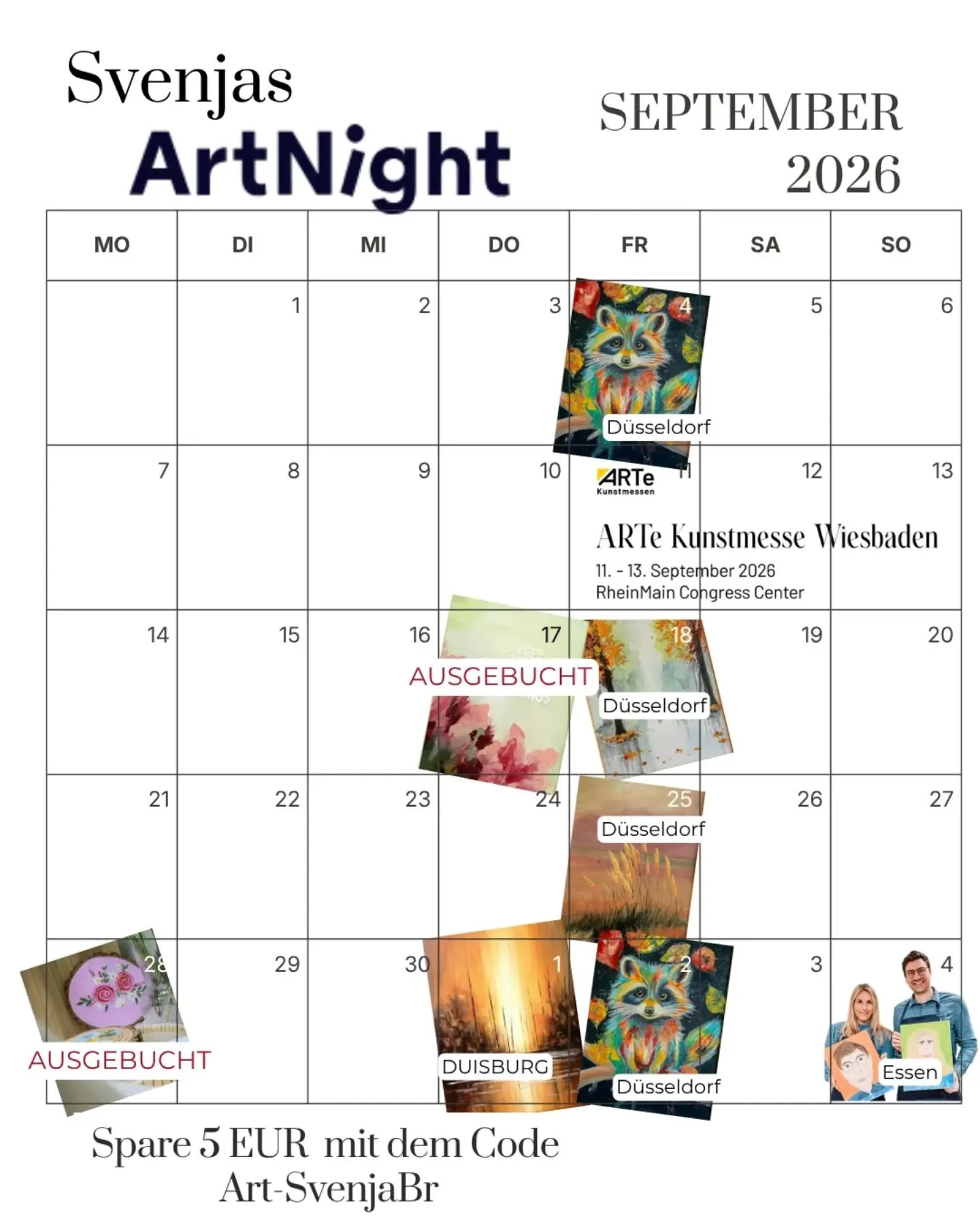 Der September ist da und es gibt diesen Monat wundersch&ouml;ne  Herbstmotive zum Malen.

Zwei sind schon komplett ausgebucht.

Es gibt noch Pl&auml;tze f&uuml;r einzelne ArtNights in D&uuml;sseldorf, Essen und Duisburg.

Mit dem Code Art-SvenjaBr sp