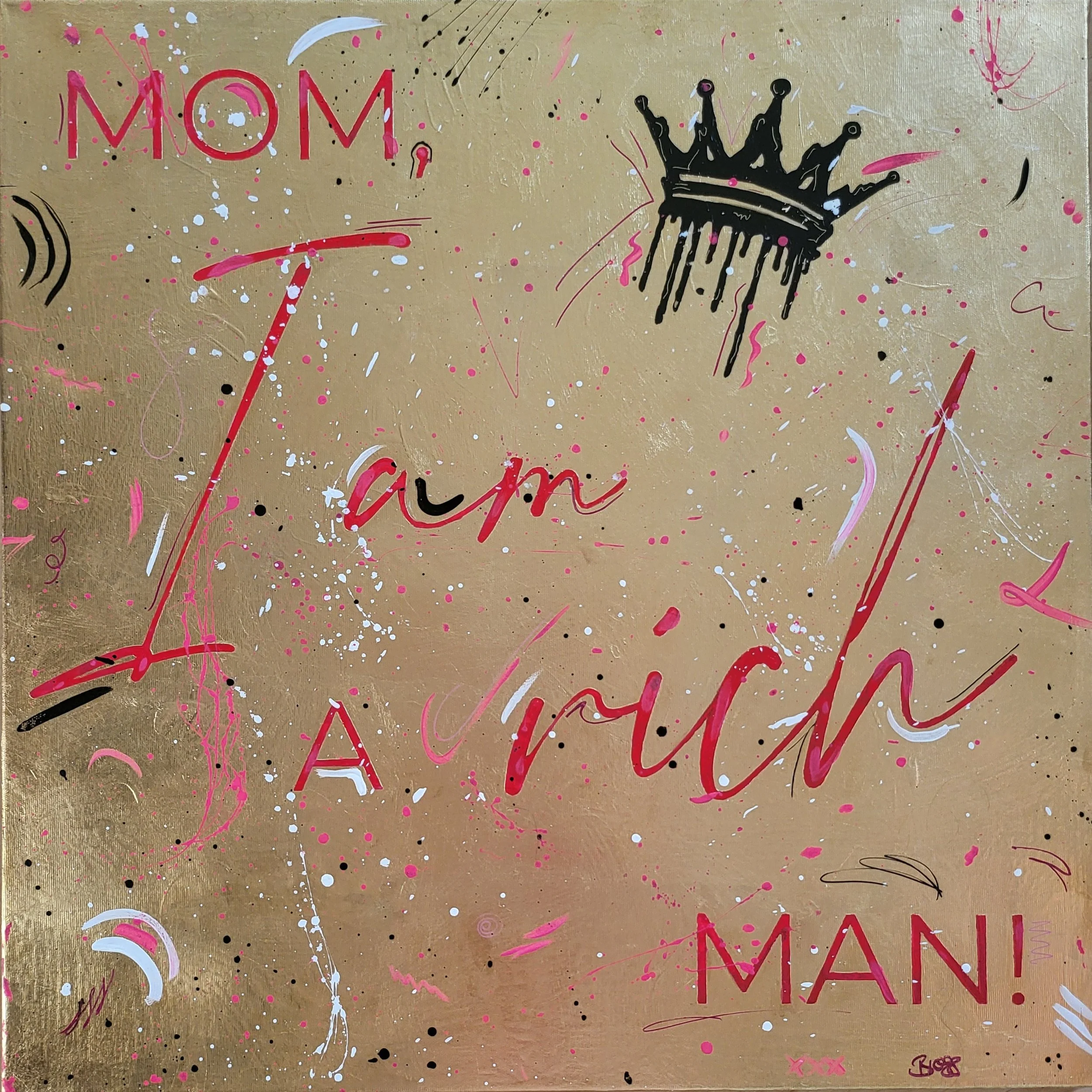 Abstrakte Kunst mit pink, weiß, schwarz und goldfarbenem Hintergrund, inklusive Dschingis Khan in schwarz, sowie handgeschriebenen Wörtern "Mom", "Dream" und "Mama" in rot. Zahlreiche Farbkleckse und künstlerische Linien.