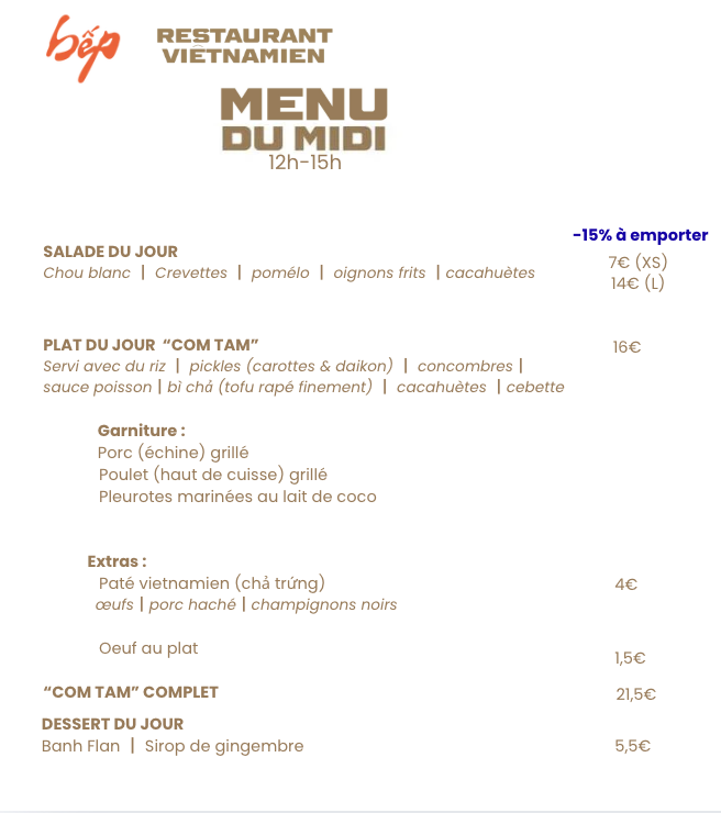 Restaurant vietnamien familial de quartier. Déjeuner sur place ou à emporter. Réservation de groupe et privatisation pour les anniversaires, mariages, baptêmes possible. Traiteur possible aussi