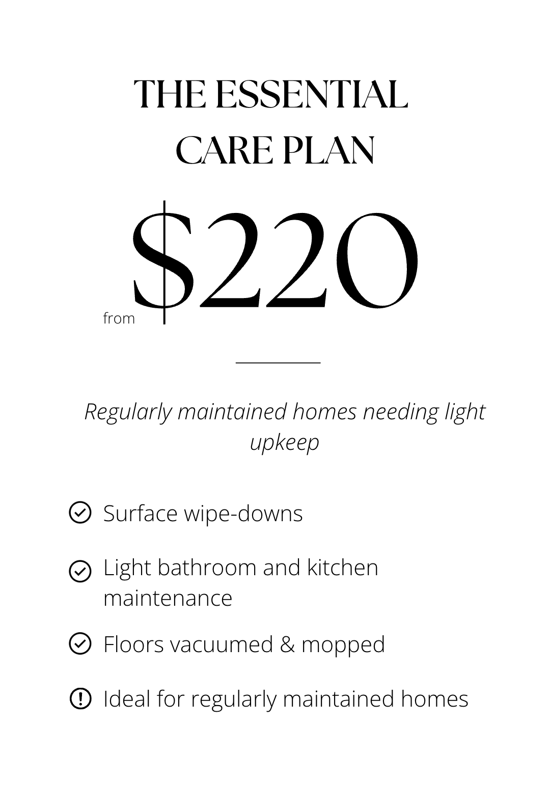 An advertisement for a home care plan priced from $220, promoting light upkeep, surface wipe-downs, bathroom and kitchen maintenance, vacuumed and mopped floors, and suitability for regularly maintained homes.