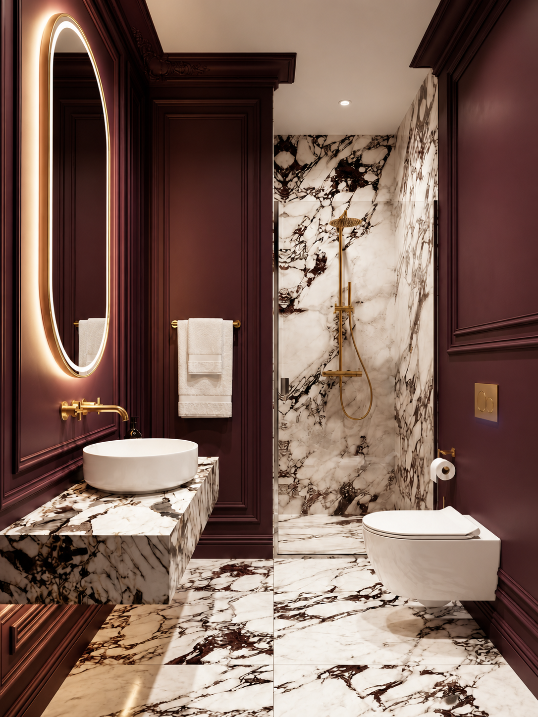 Luxury bathroom with dark red paneled walls, marble floor and shower walls, illuminated oval mirror, vessel sink on marble countertop, gold fixtures, towel, and toilet with gold flush plate.