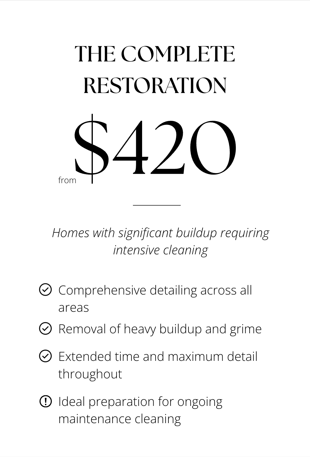 Advertisement for home restoration services starting at $420, highlighting thorough cleaning, heavy buildup removal, detailed work, and maintenance cleaning benefits.