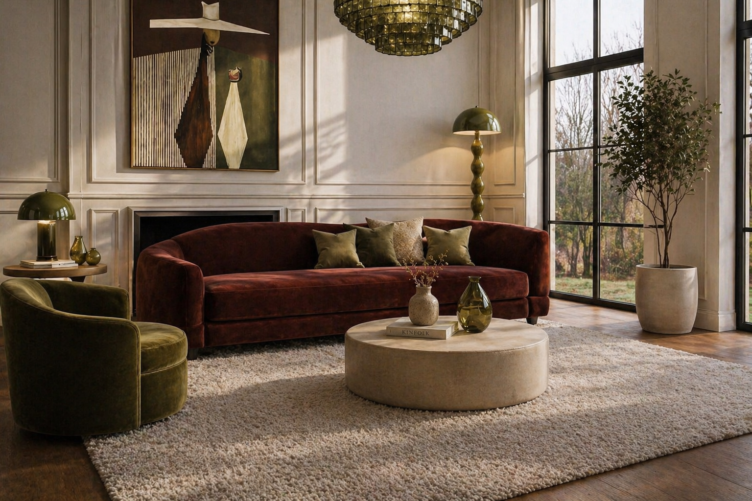 A cozy living room with a burgundy velvet sofa, green velvet armchair, and beige rug. Decor includes various small vases, a large lamp, a potted plant, and artwork on the walls with large windows providing natural light.