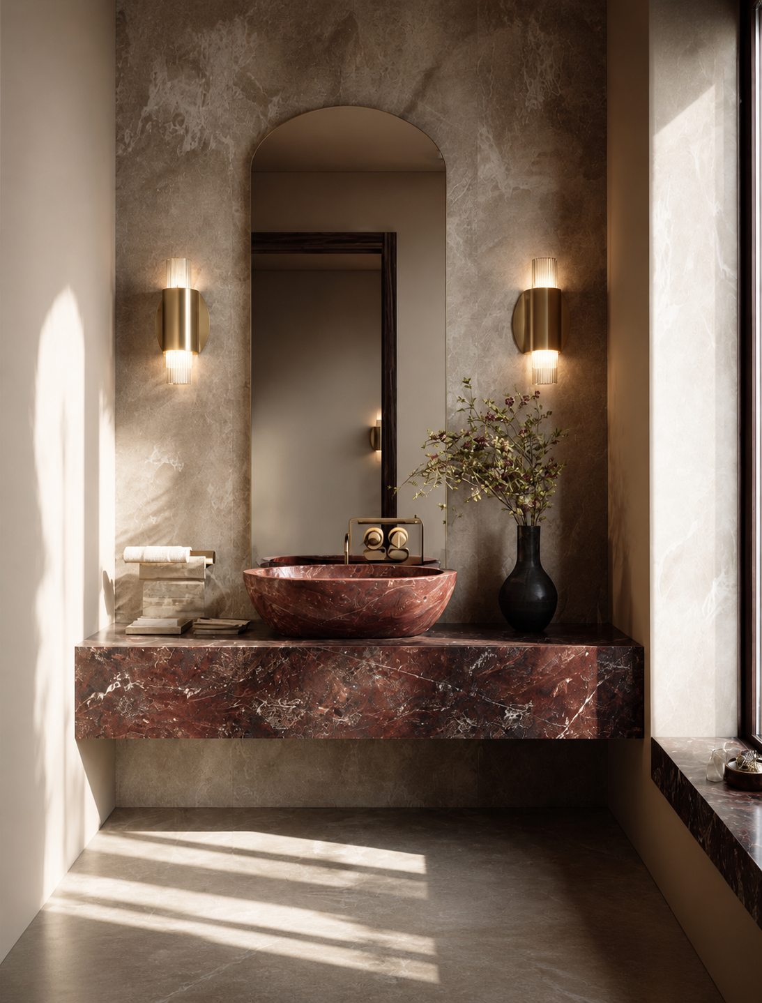 Modern bathroom with a red marble basin sink, wall-mounted golden lights, a large mirror, and a black vase with a branch of greenery.
