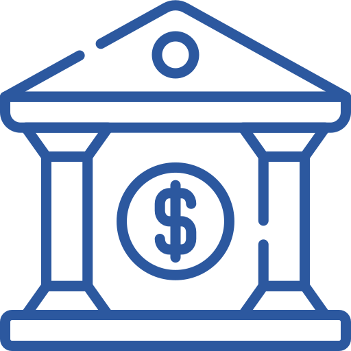 Outline drawing of a bank with pillars and a dollar sign in the center.