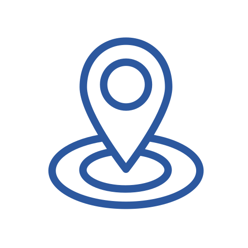 Blue location pin icon above a circular target symbol on a black background.