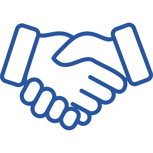 A simple blue outline drawing of a handshake.