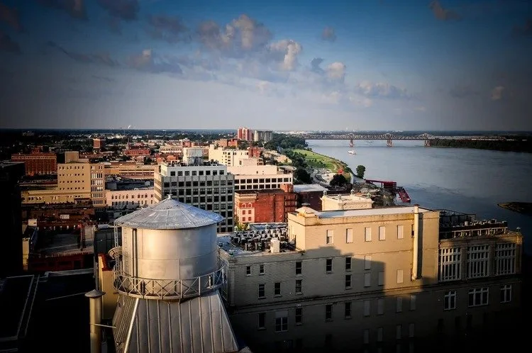 A city skyline with a river and a bridge in the background, taken from a high vantage point.