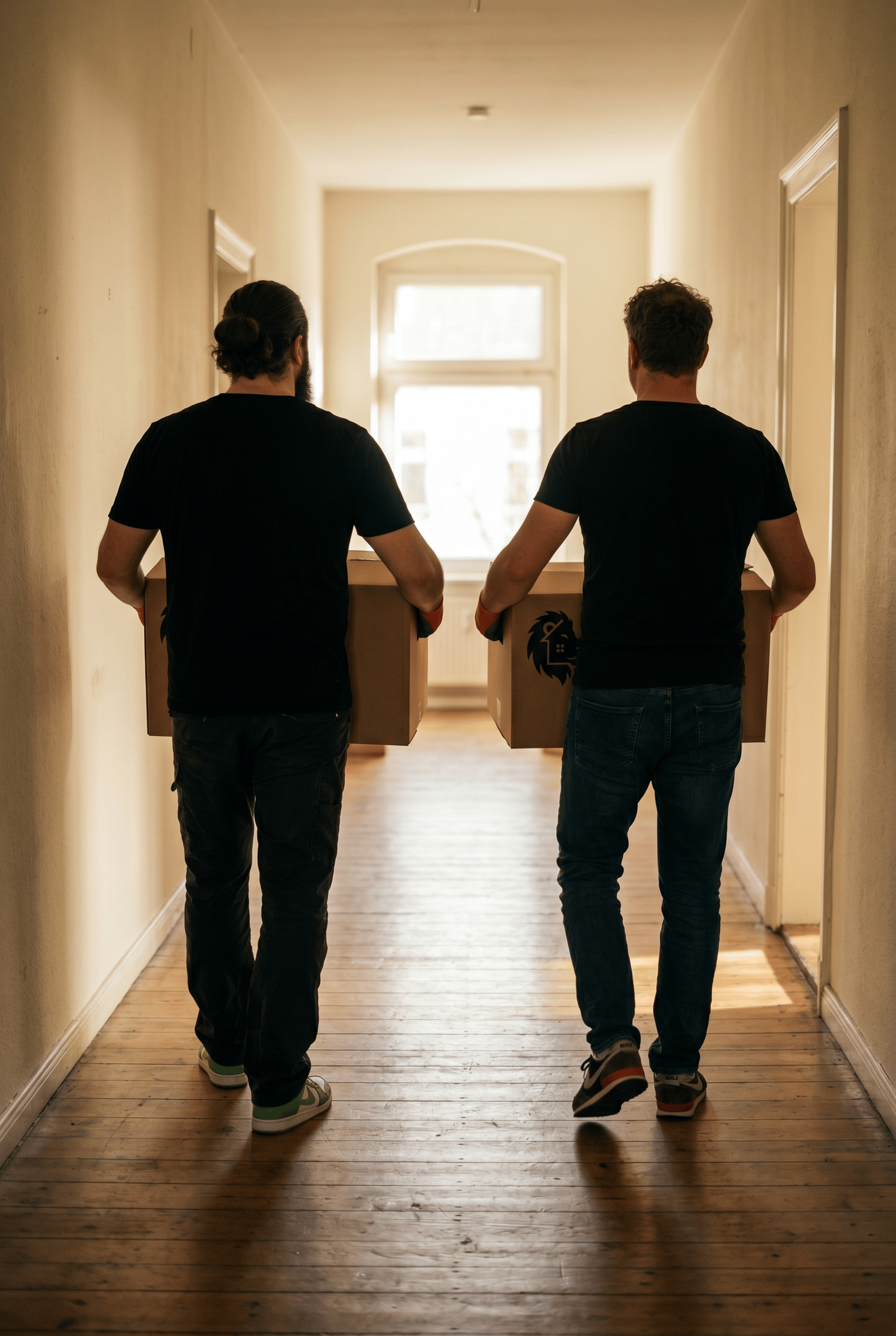 Zwei Männer tragen Kartons durch einen Flur in einem Gebäude.