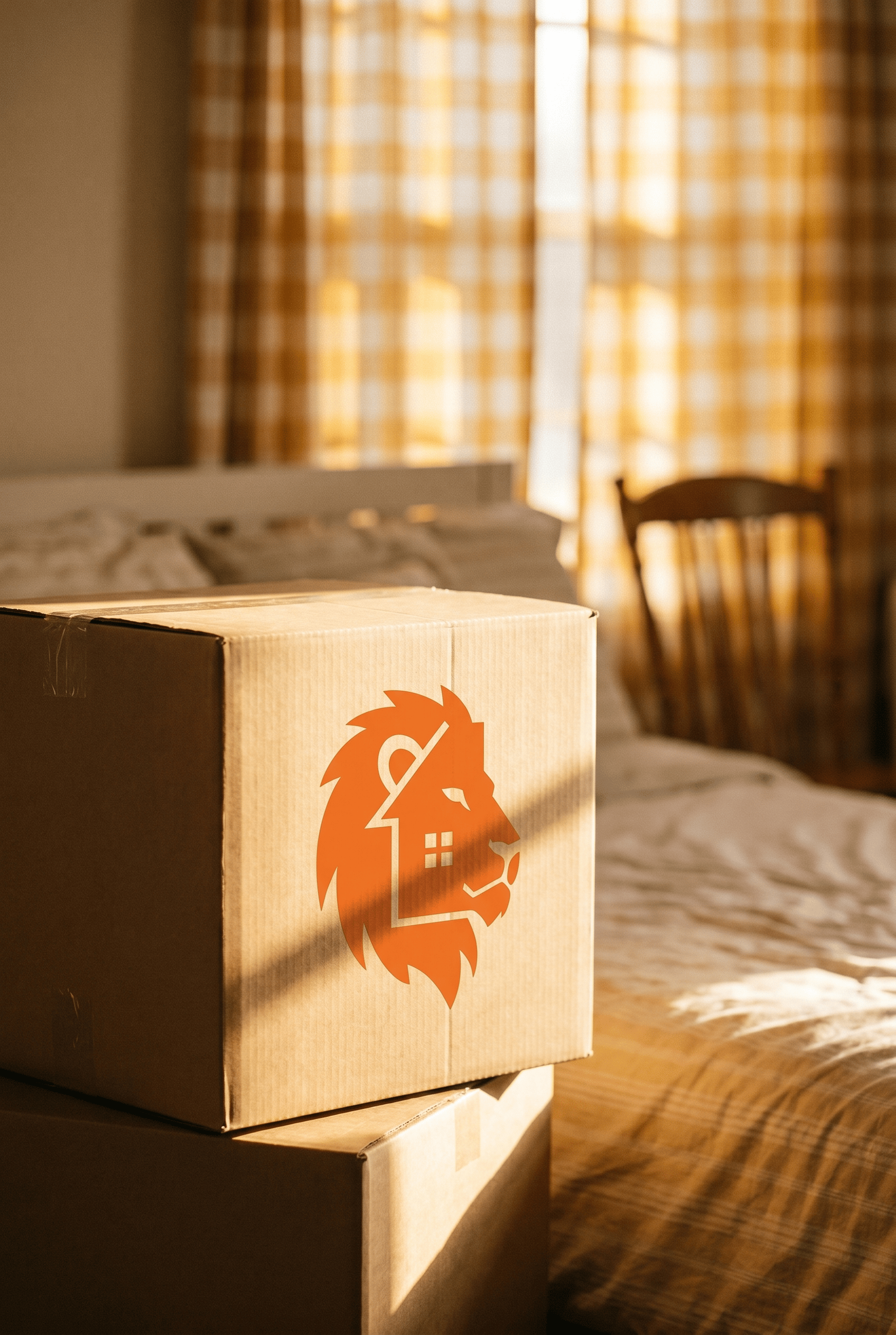 Ein Pappkarton mit einem orangefarbenen Löwen-Logo steht auf einem Tisch in einem Raum mit gelben karierten Vorhängen und einem Bett.