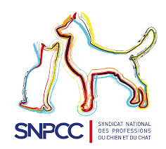 Silhouettes de deux chiens en neon, un grand et un petit, avec le texte 'SYNIDAT NATIONAL DES PROFESSIONS DU CHIEN ET DU CHAT' sous eux.