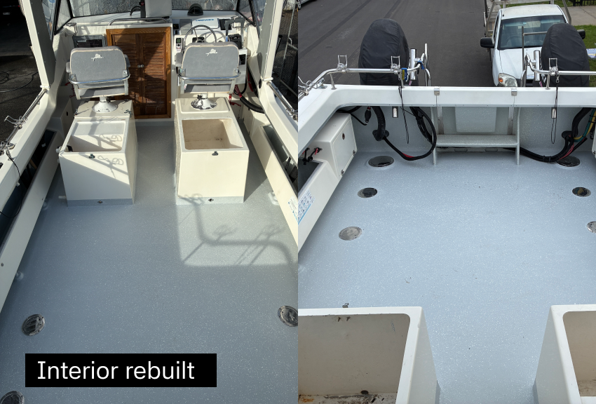 Comparison of boat decks showing a rebuilt interior on the left with new seating and storage, and a worn deck on the right with exposed wiring and mounting points.