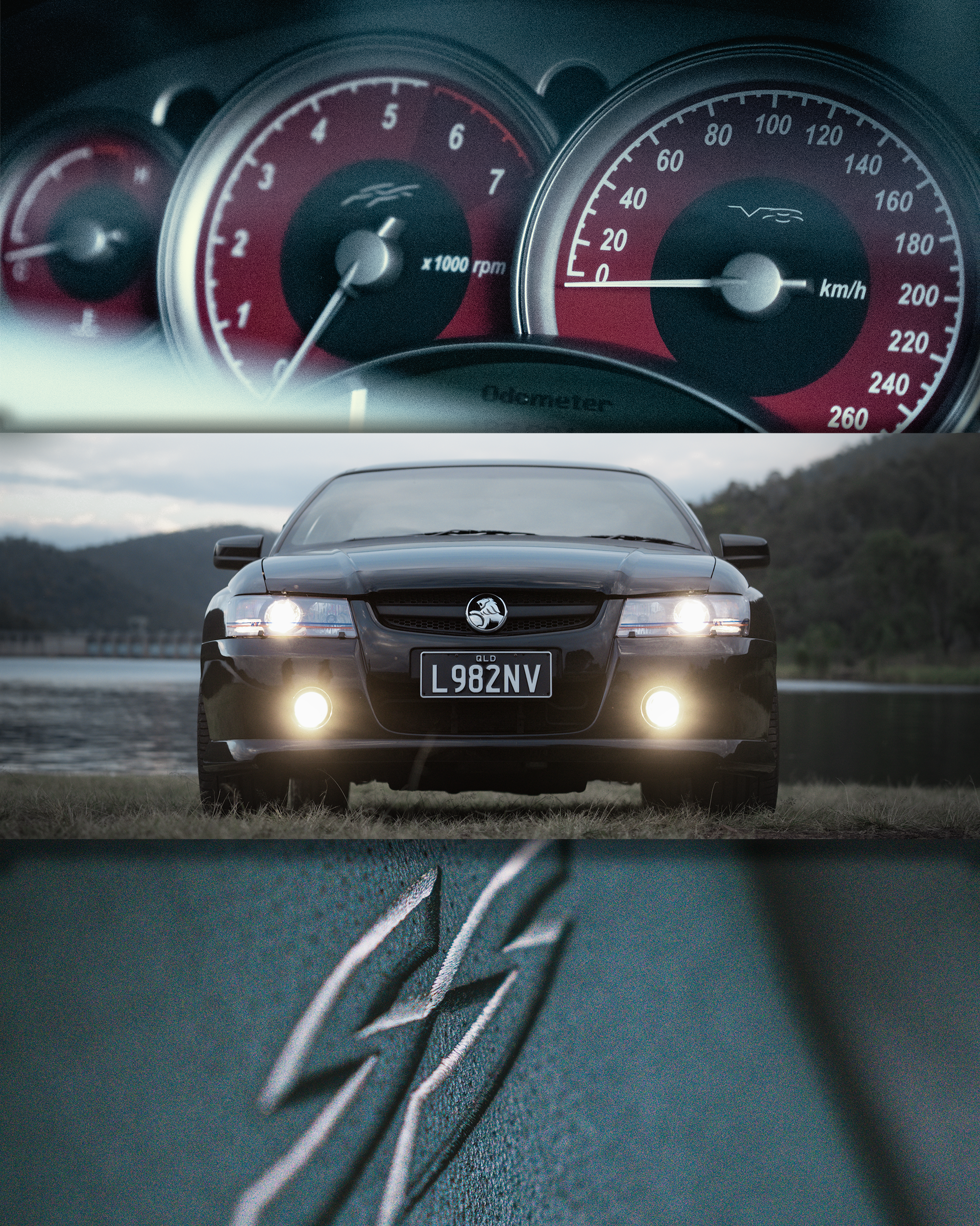 Close-up of a car dashboard showing the speedometer and tachometer, and a front view of a black car with a Holden emblem on the grille, parked on a road near a body of water with hills in the background.