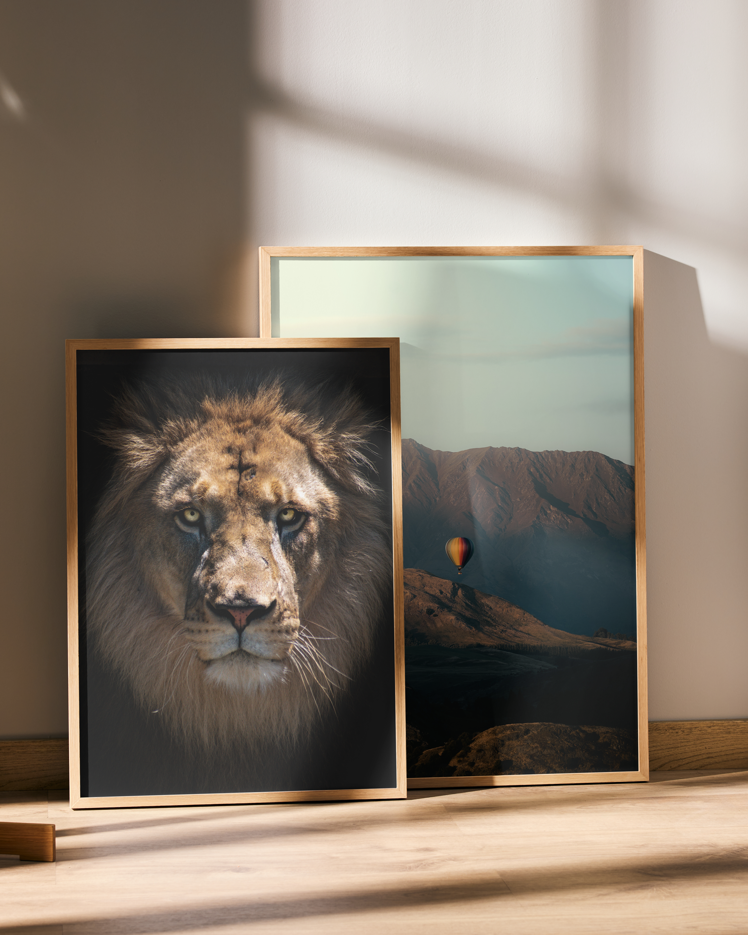 Two framed landscape photographs leaning against a wall on a wooden floor. The left photo features a lion's face, and the right photo displays a mountain scene with a hot air balloon.