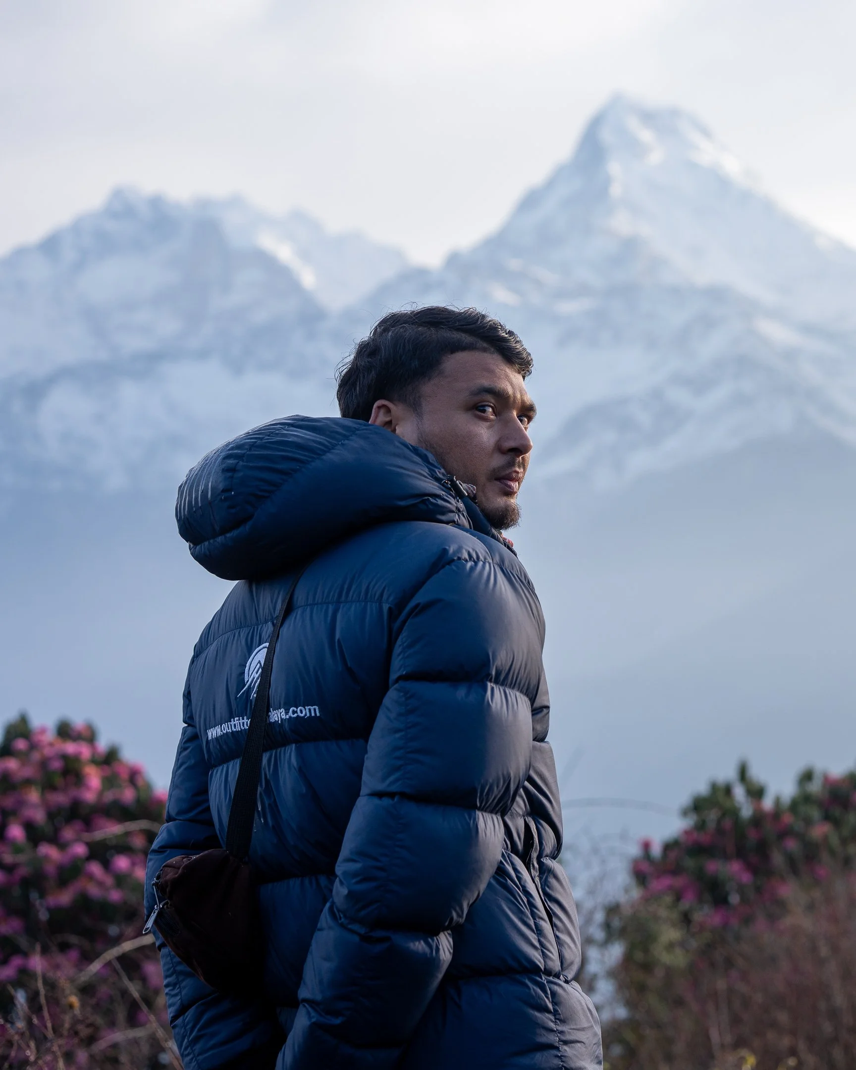A man with dark hair and a beard wearing a blue puffy jacket, looking over his shoulder with a mountain and cloudy sky in the background, and pink flowers in the lower left corner.