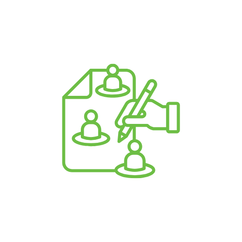 Green line icon of a hand with a pen connecting three human figures on a document.