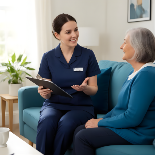 A young female nurse with dark hair in a bun, wearing navy scrubs and a name tag, speaking to an older woman with gray hair, wearing a blue cardigan, in a living room setting with a light-colored couch, a wooden side table with a plant, and a white mug on a coffee table.