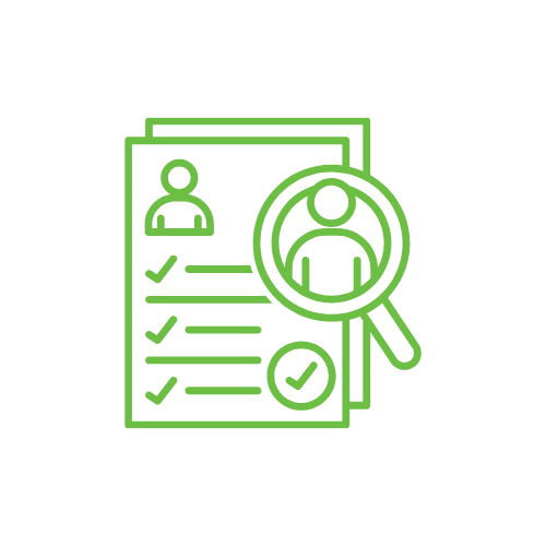 Green icon of a resume with a magnifying glass focusing on a profile photo and checkmarks.