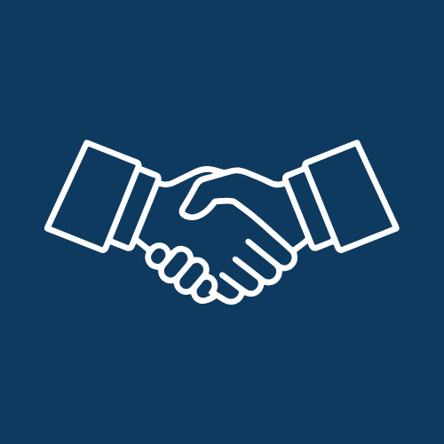 Outline of two hands shaking on a dark blue background.