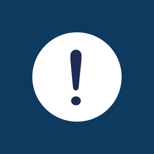 Warning icon with a white exclamation mark inside a white circle on a dark blue background.
