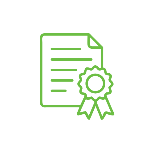 Green outline icon of a certificate or diploma with a ribbon and seal on a black background.