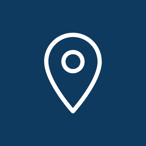 Icon of a location pin on a dark blue background.