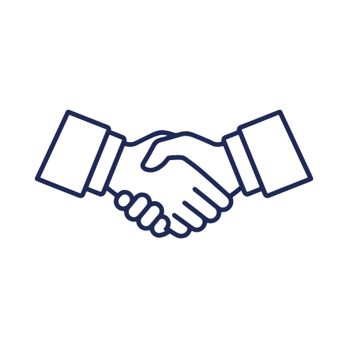 Simple line drawing of two hands shaking, representing agreement or partnership.