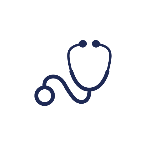 Outline of a stethoscope in dark blue on a white background.
