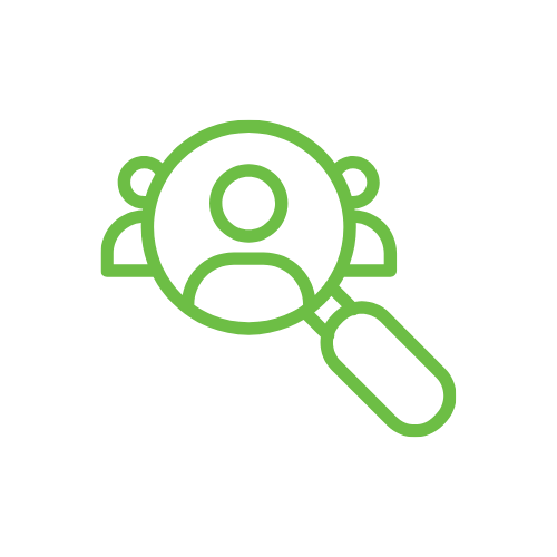 Magnifying glass focusing on person icons representing a search or recruitment process.