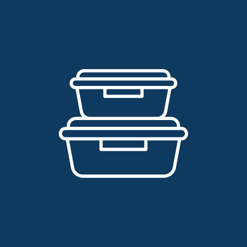 Icon of two stacked food containers with lids on a dark blue background.