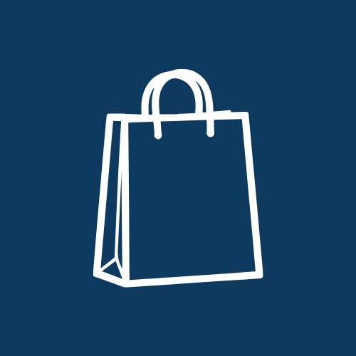 Icon of a white shopping bag on a dark blue background.