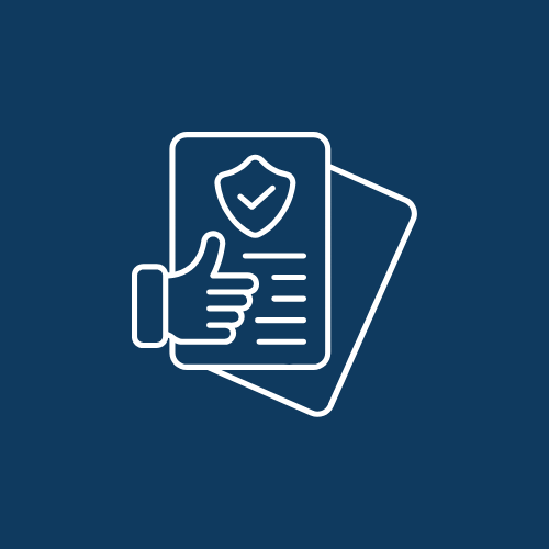 Icon of a hand giving a thumbs-up on a document with a shield and checkmark, representing approval or certification.