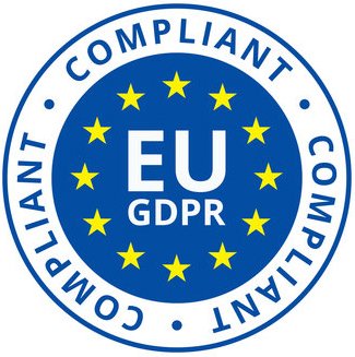 EU GDPR compliance badge with blue circle, yellow stars, and white text.