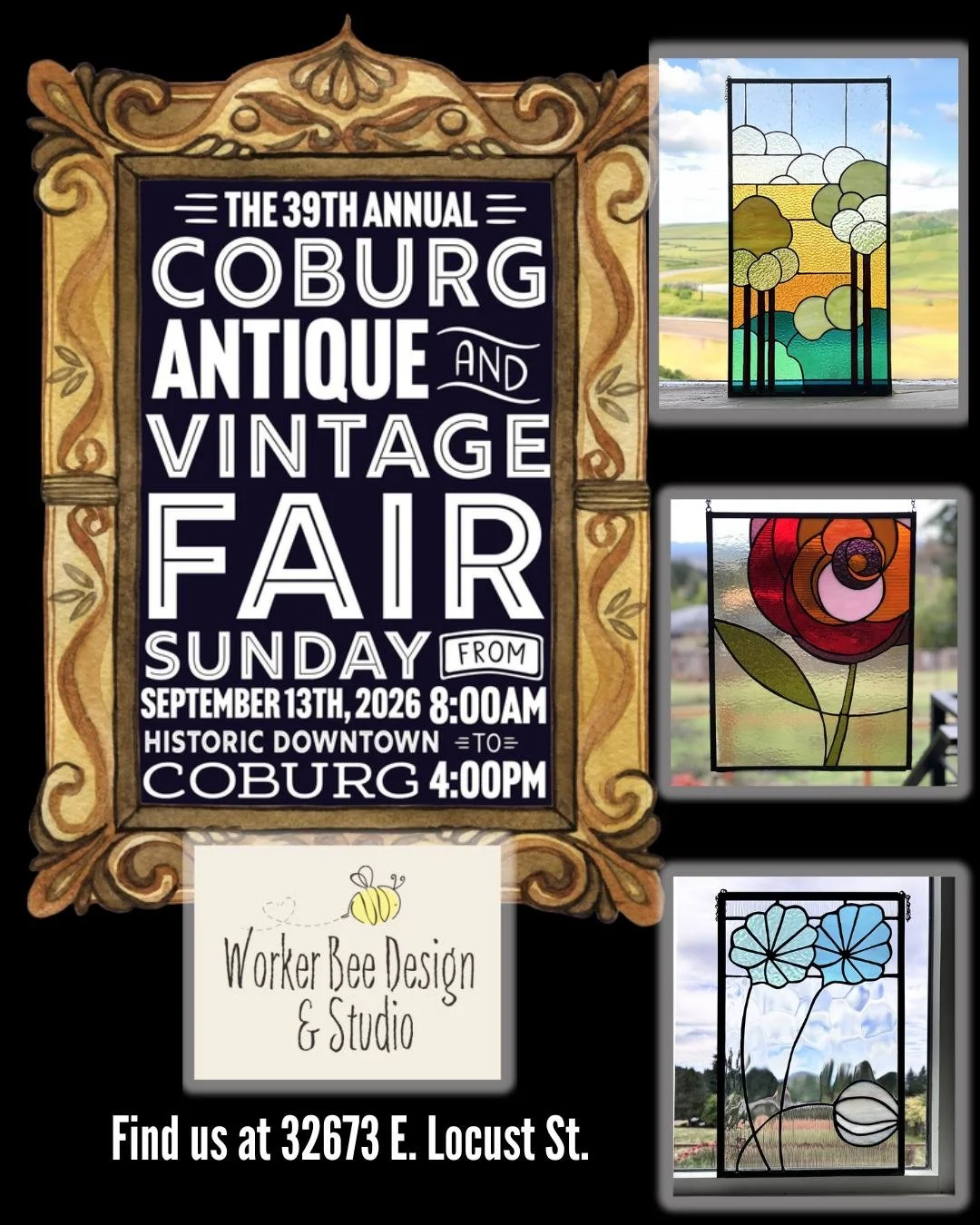Come see me and my stained-glass pieces in all sizes and prices! I'll be there from 8am until I sell out. 

#coburgantiquefair #coburg #stainedglass #glassart #lanecounty #coburgfair