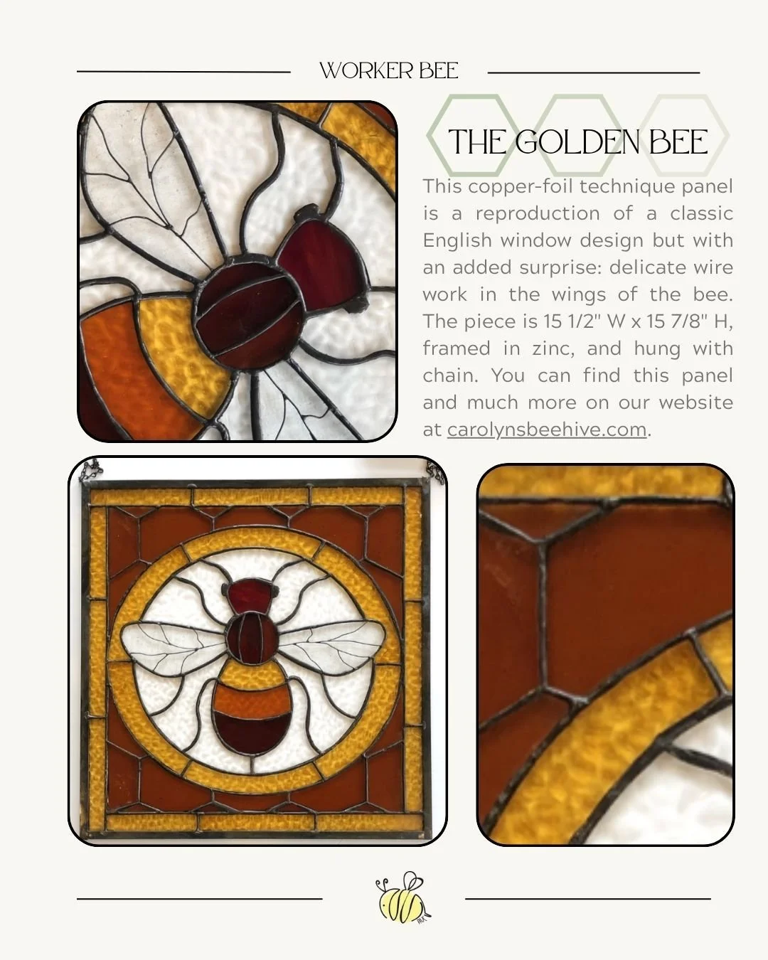 Available on website in bio. Amber and gold glass embodies our world's precious bees and their delicious honey. 
#stainedglass #handmadeart #bees #oregonart #windowdecor