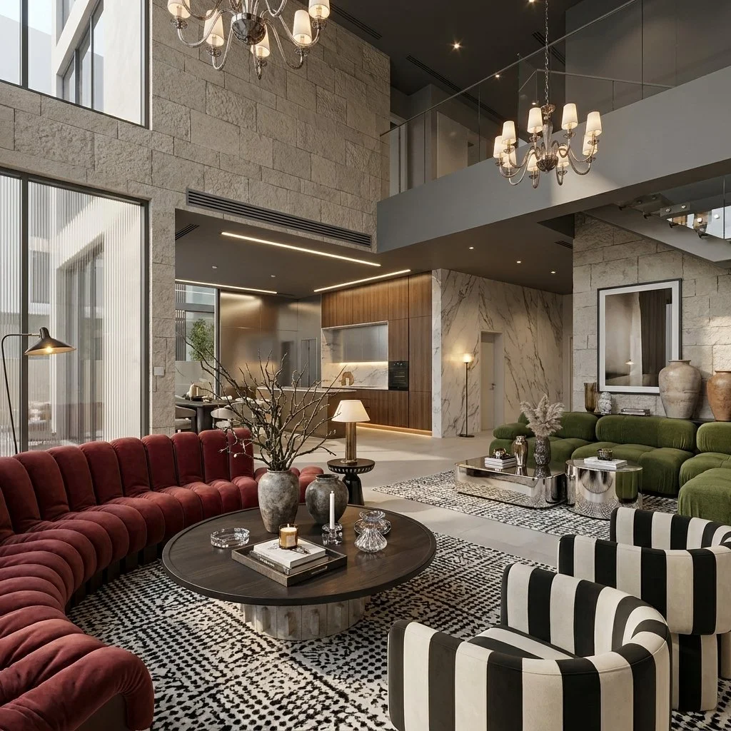 Modern living room with high ceilings, chandeliers, large windows, a red tufted curved sofa, striped black and white armchairs, a green sofa, marble walls, and a contemporary decor.