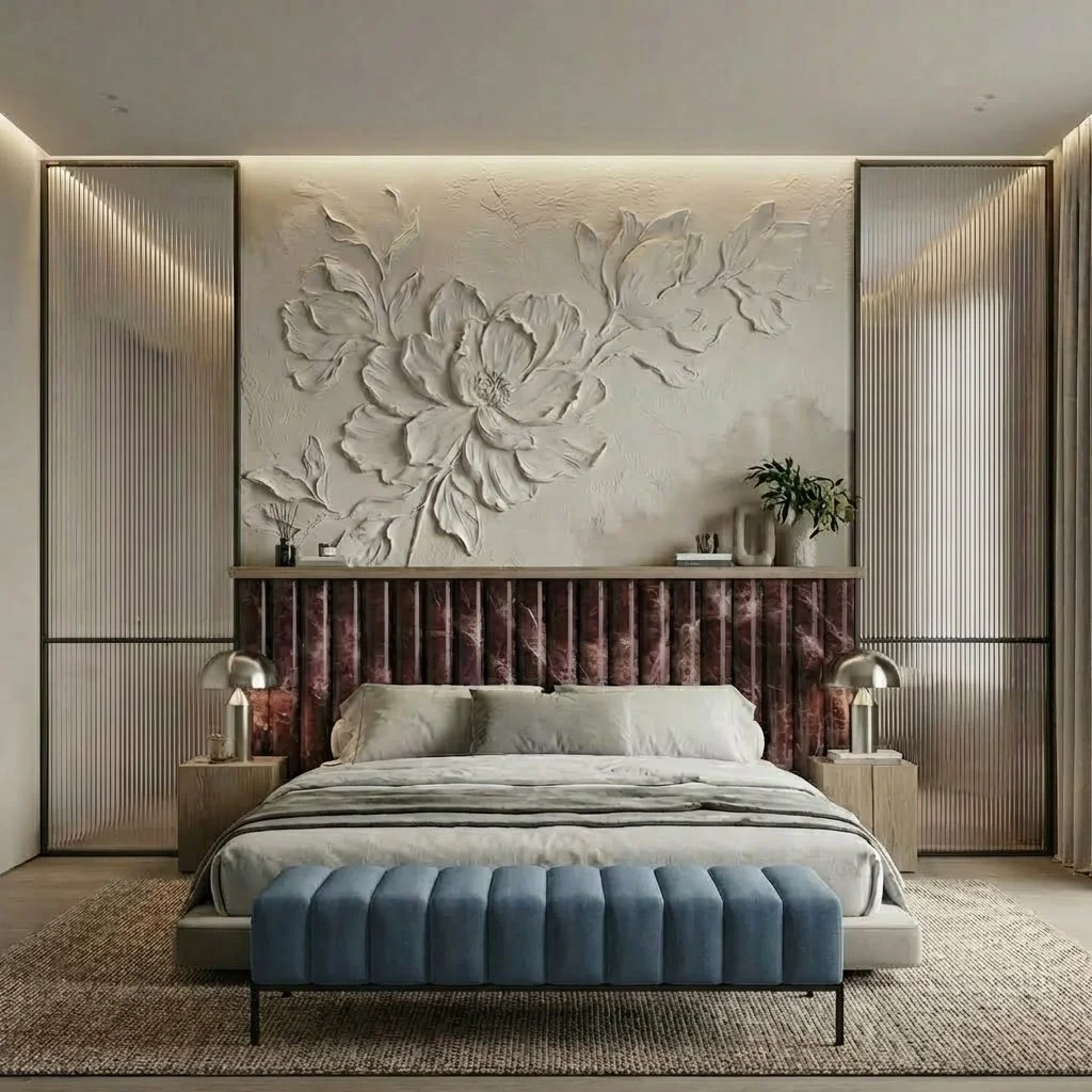 Modern bedroom with a textured floral wall art above the bed, a plush velvet headboard, matching bedside lamps, and a blue velvet bench at the foot of the bed.