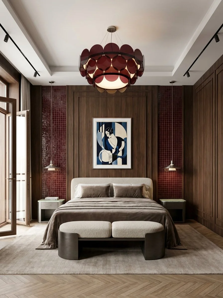 Modern bedroom with a bed, nightstands, framed artwork on the wall, wood-paneled walls, and a ceiling light fixture with circular red panels.