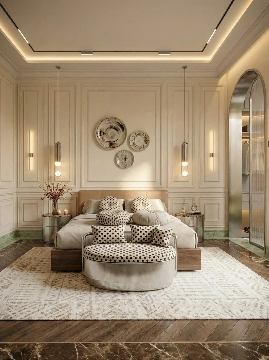 Elegant bedroom with beige walls, modern wall art, pendant lights, a bed with polka dot pillows, and a circular upholstered bench at the foot of the bed on a beige and brown patterned rug.