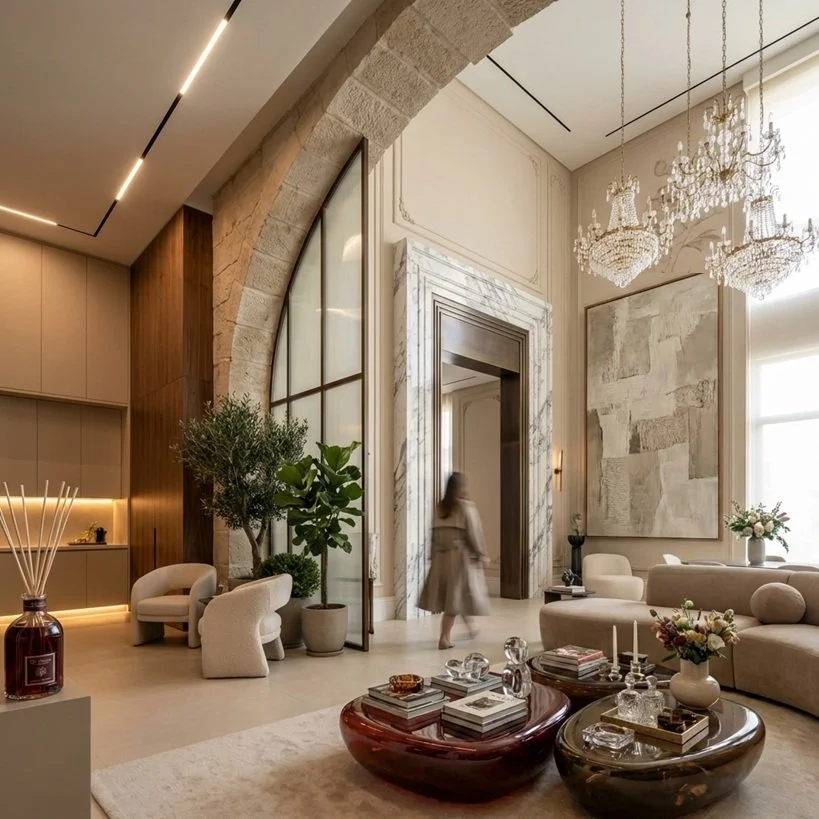 Elegant living room with high ceilings, large window, chandeliers, marble fireplace surround, modern furniture, and decorative plants.