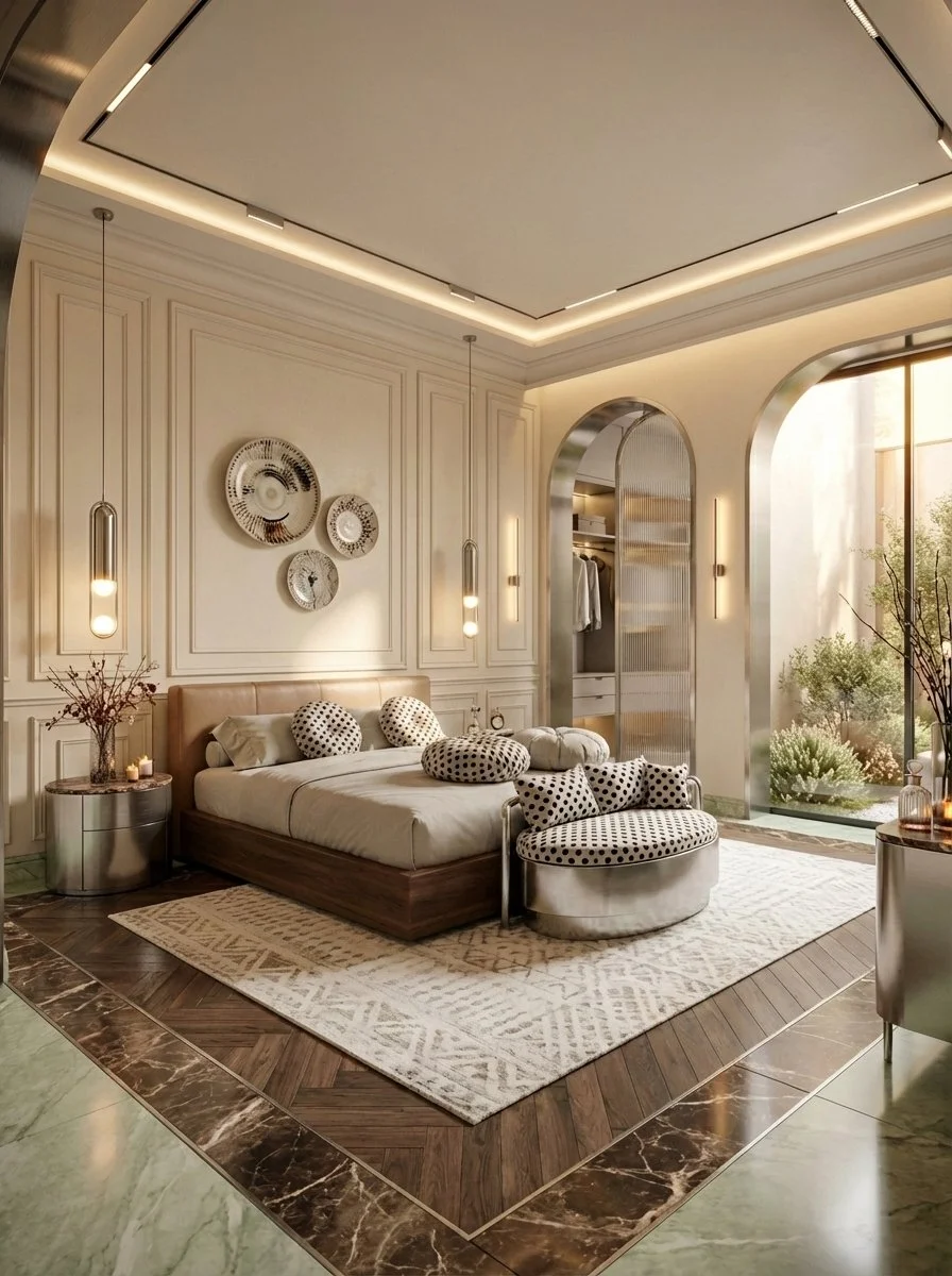 Elegant bedroom with a beige upholstered bed, polka dot pillows, and a marble-top nightstand with candles. A patterned area rug covers a wooden floor, and stylish lighting fixtures hang from the ceiling. Large window with greenery outside.
