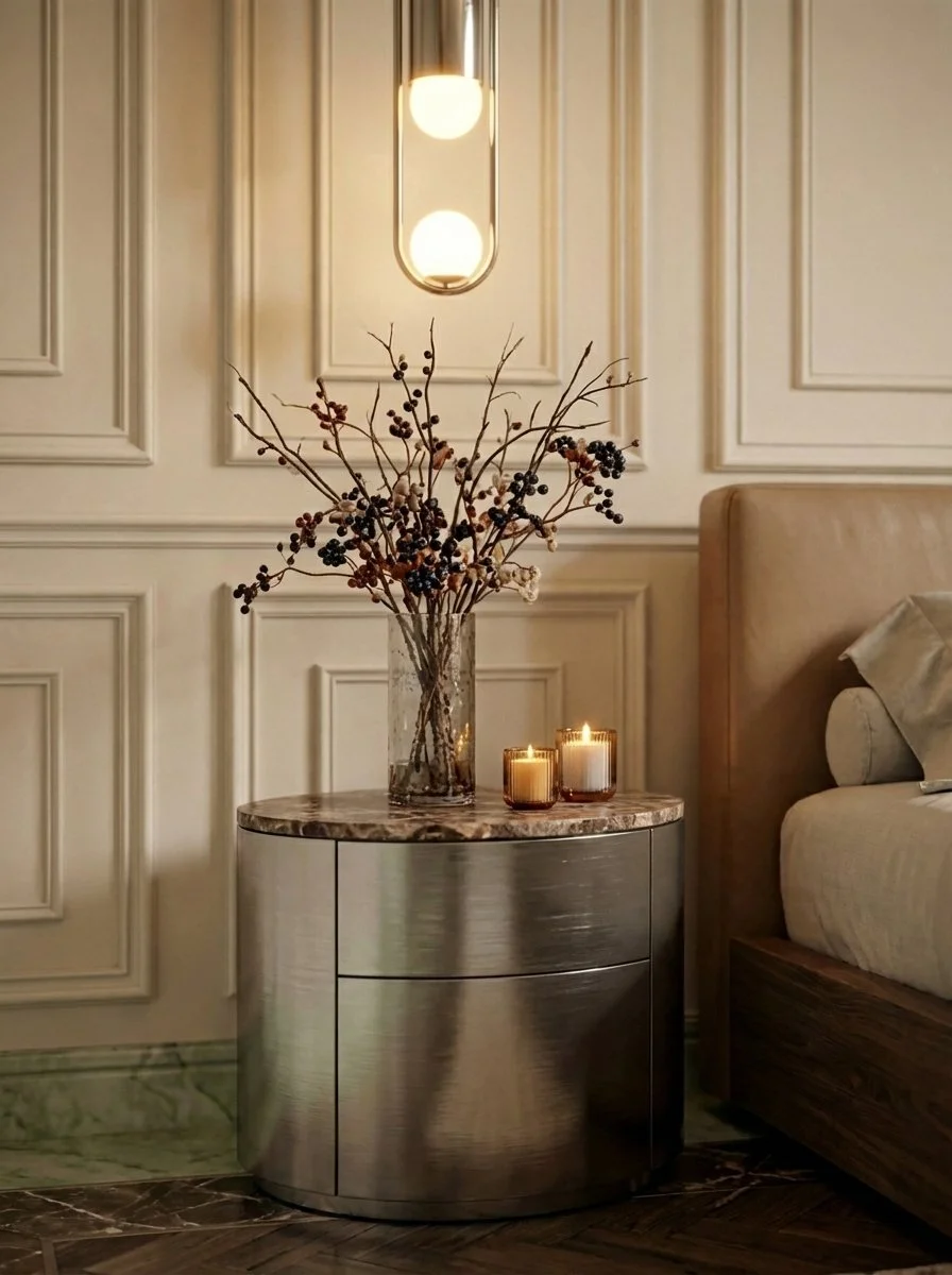 A modern bedside table with a marble top, holding a tall glass vase with dried branches and berries, and three lit candles in glass holders, next to a bed with a beige upholstered headboard.