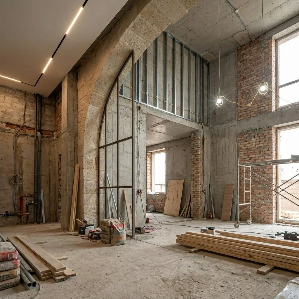 Interior of a building under construction with exposed brick walls, large windows, and a concrete ceiling. Construction materials and scaffolding are present.