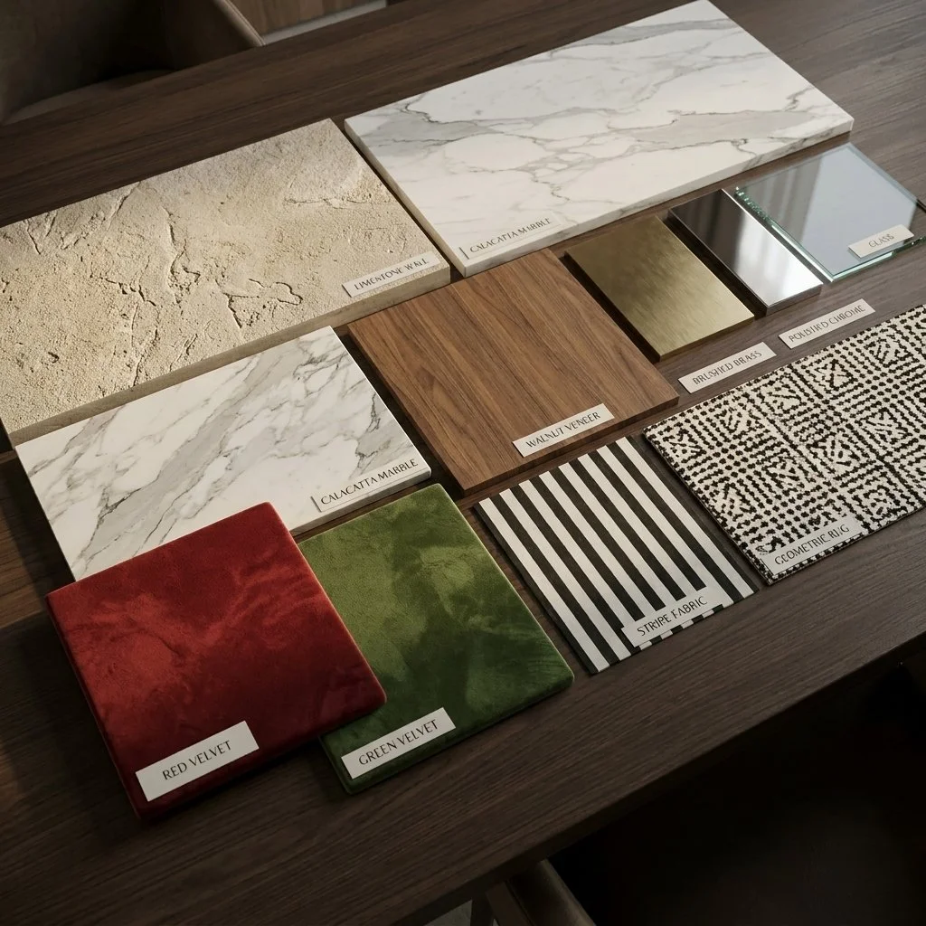 Selection of various material samples, including marble, wood, fabric, and rugs, arranged on a table, each labeled with its material type.