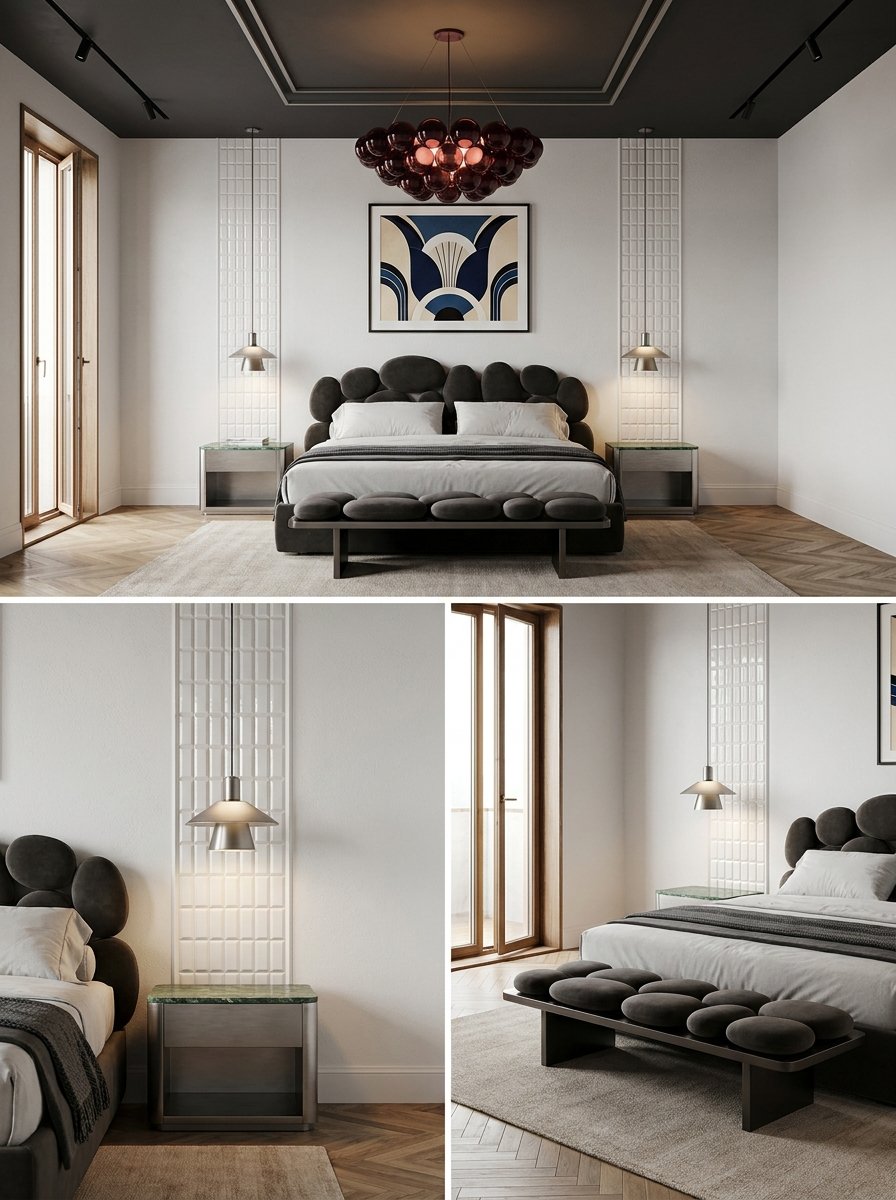 Modern bedroom with a dark headboard, abstract art above the bed, and unique lighting fixtures near bi-fold glass doors.