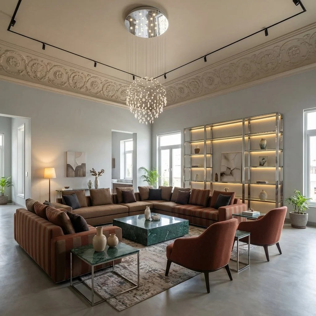 Elegant living room with a large beige sectional sofa, two rust-colored armchairs, and a green marble coffee table. Bright space with high ceilings, large windows, decorative crown molding, a modern chandelier, and built-in shelves with decorative it